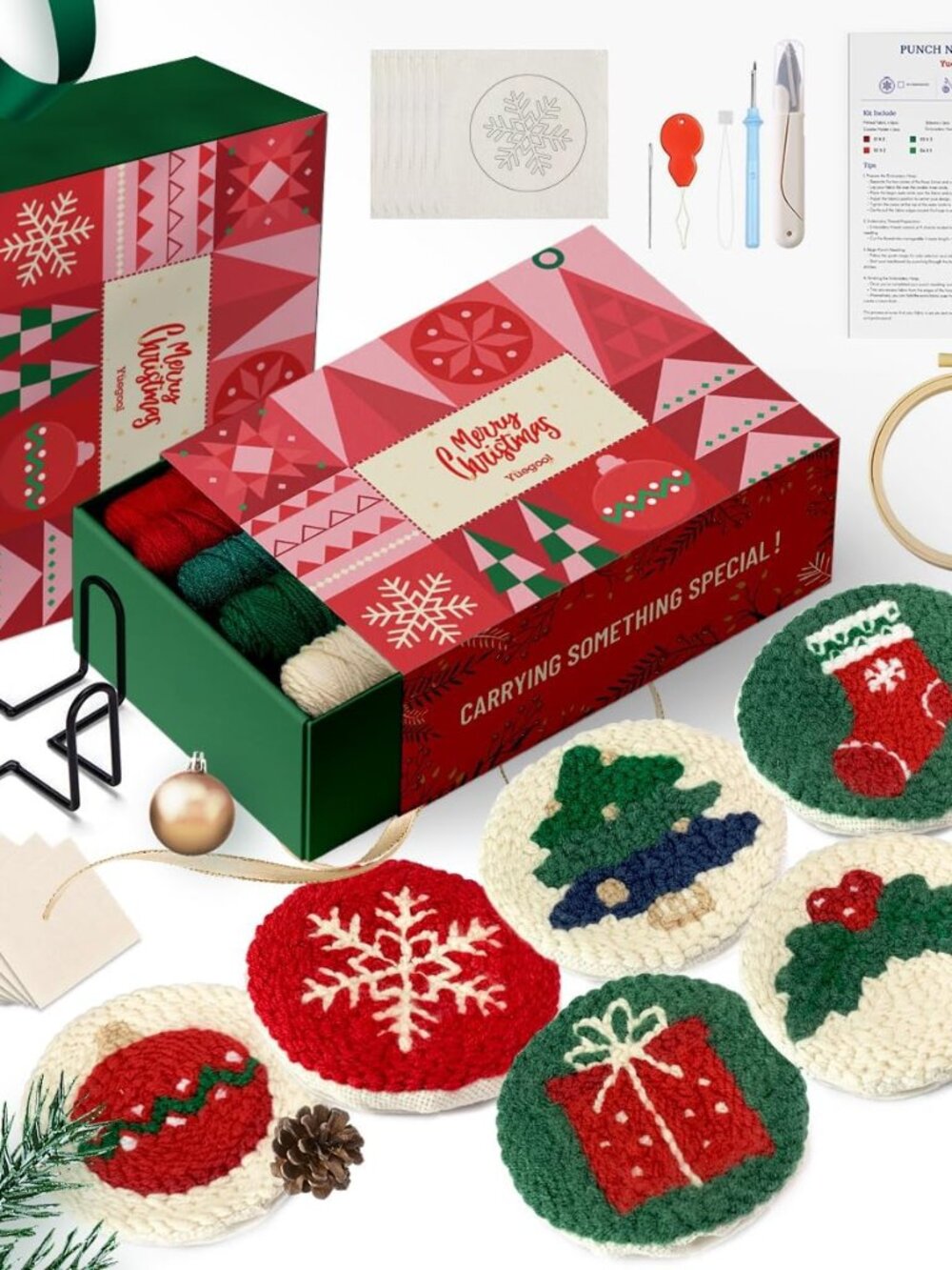 6PCS Christmas Punch Needle Coasters Kit,Easy DIY Punch Needle Embroidery Kit fo